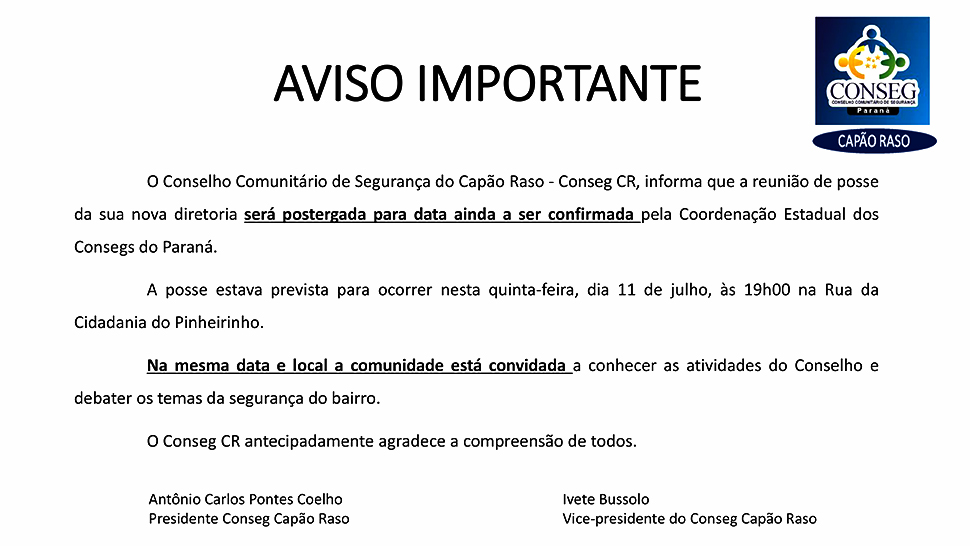 Aviso de Postergação