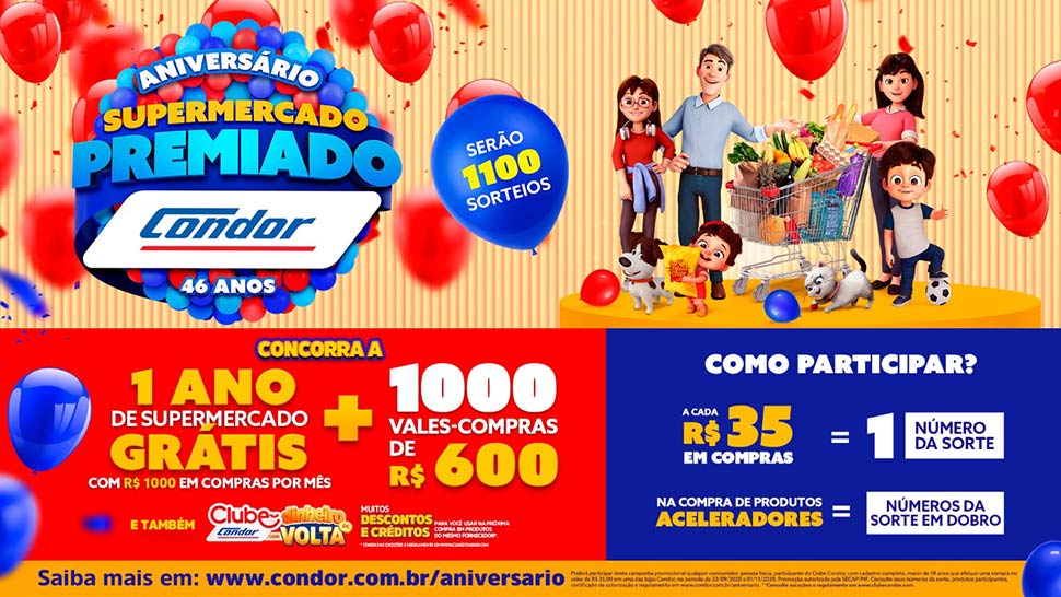 Condor sorteia R$ 1,8 milhão em vales-compras e 1 ano de supermercado grátis em campanha de aniversário