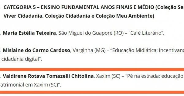 Rede Municipal de Ensino de Xaxim é finalista do Prêmio Ação Destaque com projeto de Educação Patrimonial