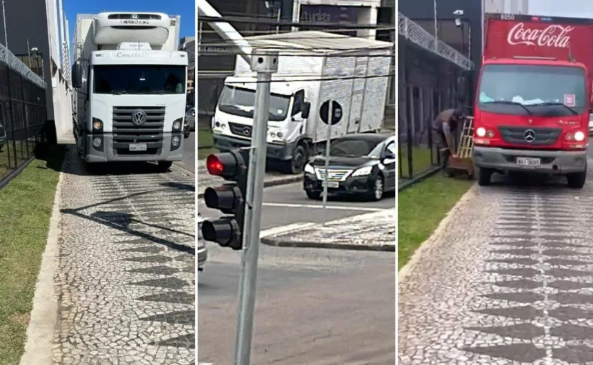 Caminhões de entrega transformam calçada de Curitiba em vaga