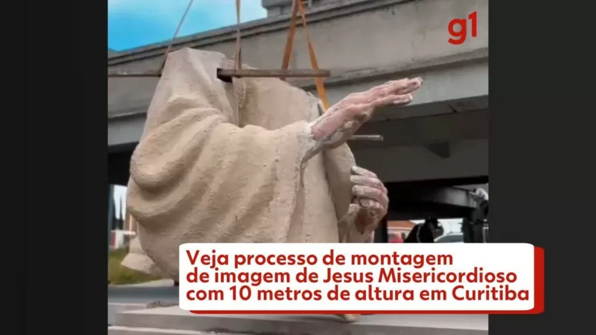 Veja montagem de imagem de Jesus Misericordioso com 10 metros de altura em Curitiba; VÍDEO